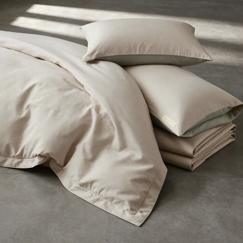 Overhead flatlay of a pale cotton duvet cover set with pillowcases and folded sheet on concrete.