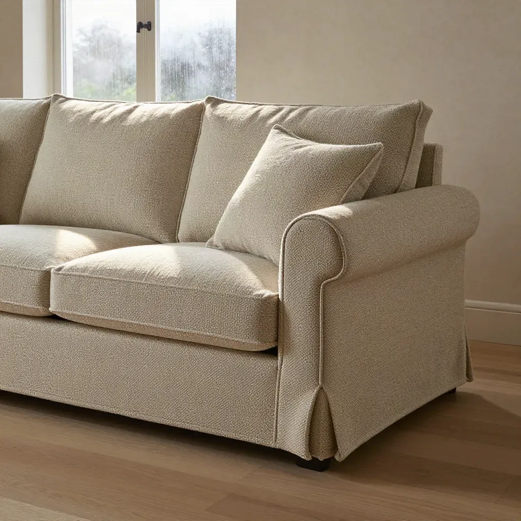 Sage sofa cover on a deep sofa by a rain-lit window, with cushions and a folded throw.