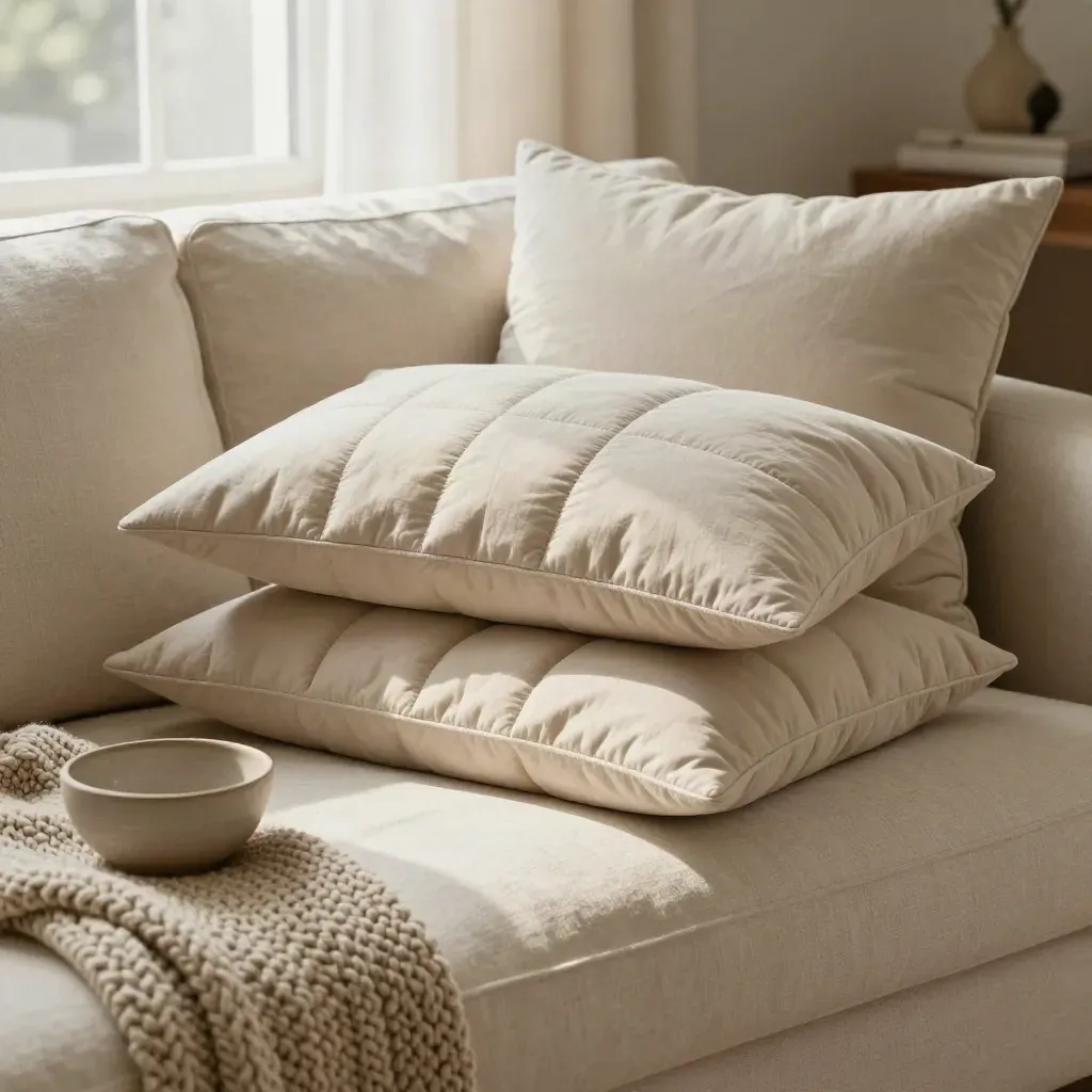 Quilted cushion covers on a cream sofa with a knit throw and ceramic bowl.