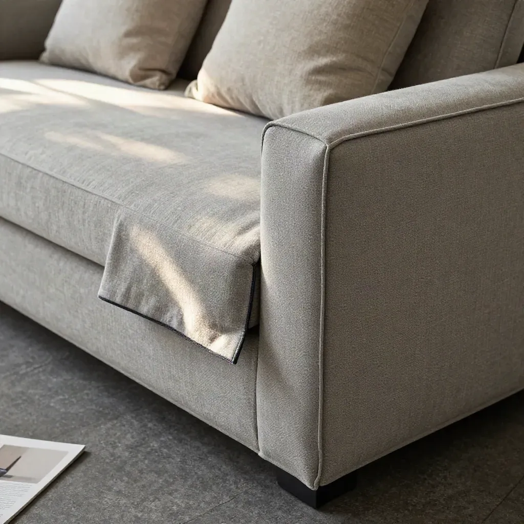 Macro of a folded sage reversible sofa throw with linen cushions on ash-grey linen.