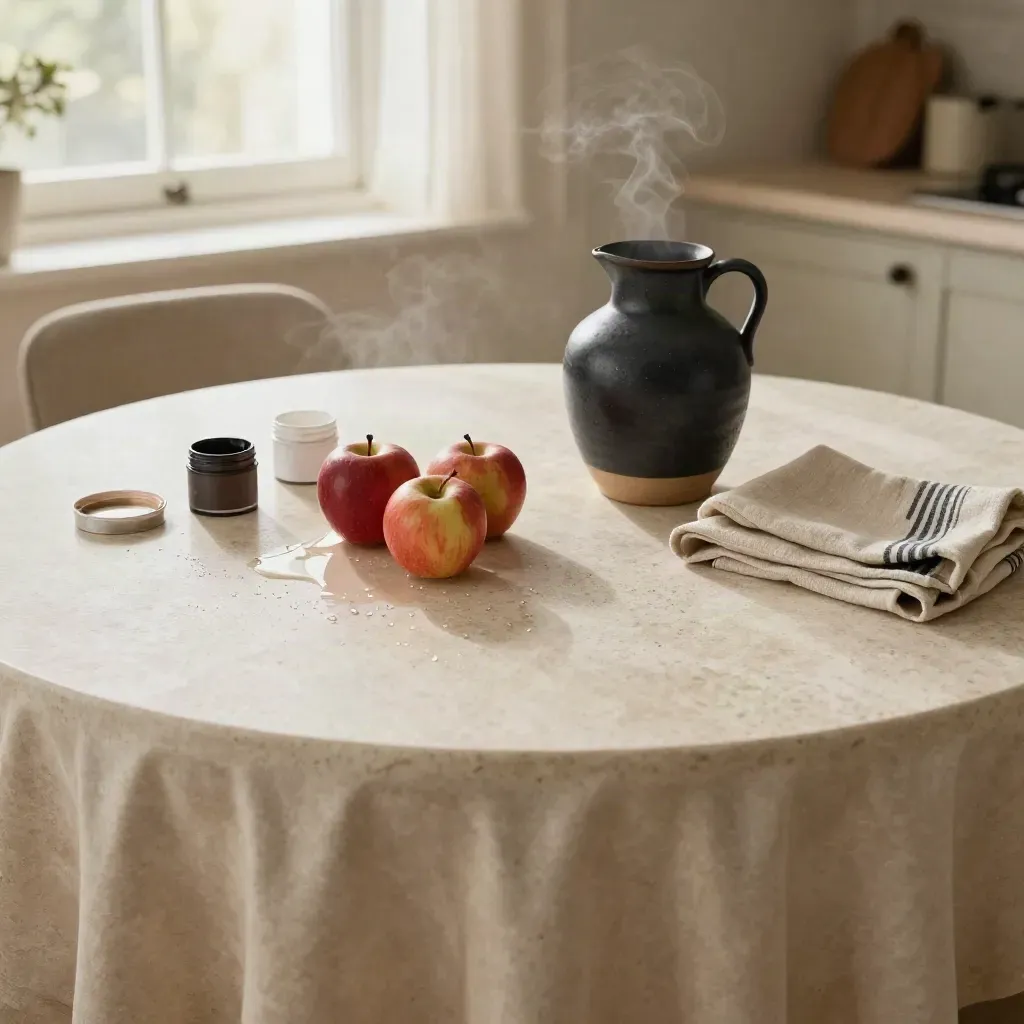 Wipe-clean table cover on a round table with apples, paint pots, jug and tea towel.