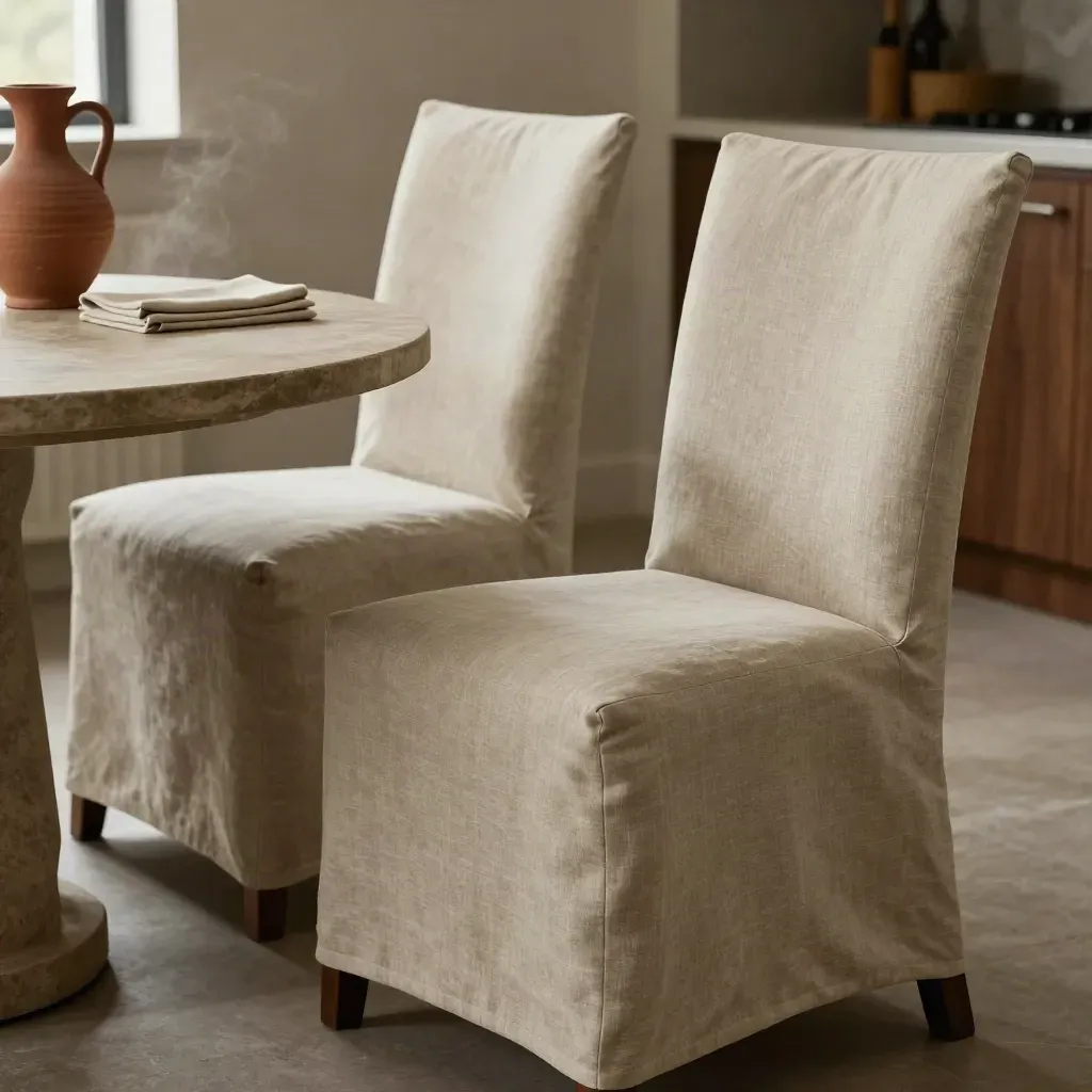 Two covered bentwood dining chairs beside a stone table, with folded napkins and soft steam.