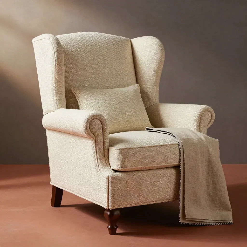 Wingback chair in a cream armchair cover with cushion and piping trim on a terracotta floor.