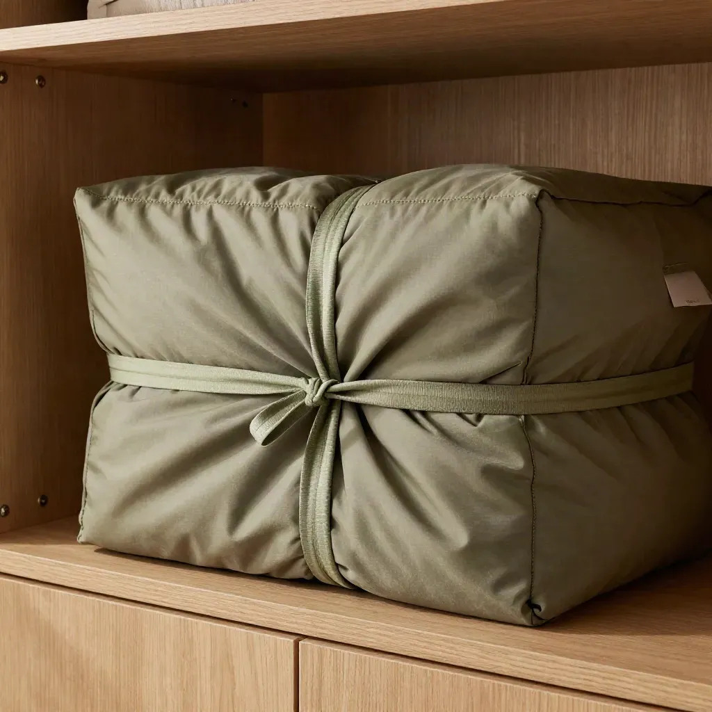Sage storage cover cinched around stacked blankets on a cupboard shelf with dust in warm light