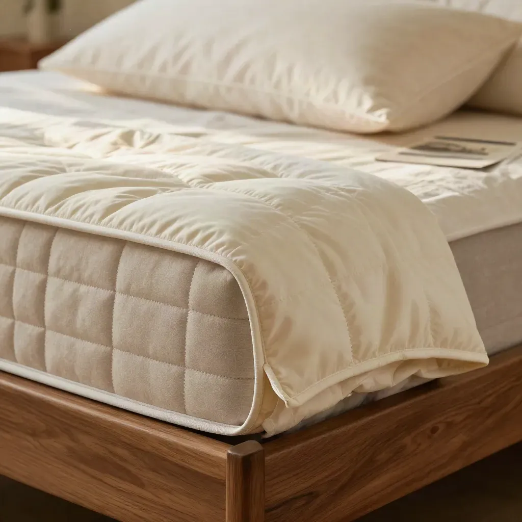 Folded waterproof mattress protector by a mattress corner with pillow and sheet in soft cream light