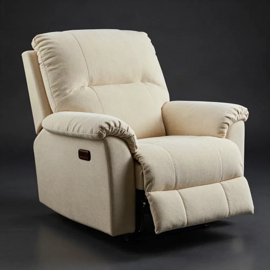 Cream stretch recliner cover on a single armchair, low studio angle with dark dramatic light