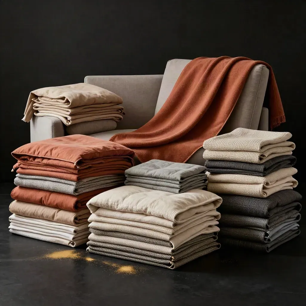 Terracotta and neutral covers sweeping across a dark studio surface in a dramatic product tableau.