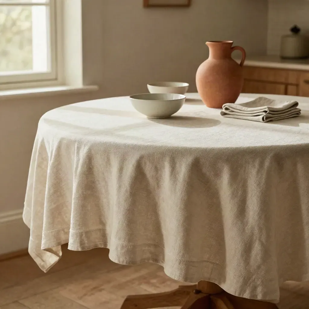 Round table cover on a small dining table with bowls and a linen napkin in warm kitchen light