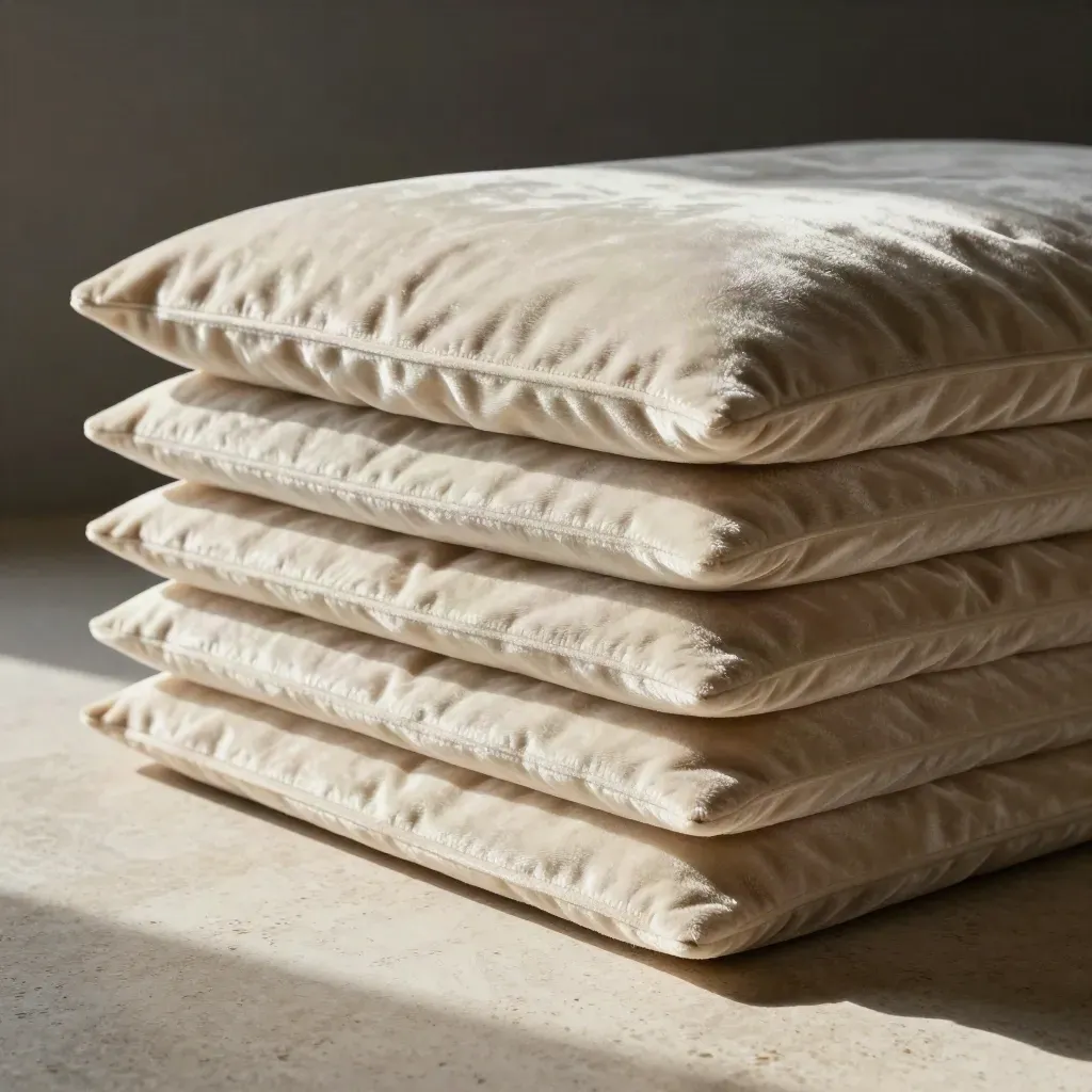 Stacked velvet cushion covers catching raking light on travertine, plush and luxurious.