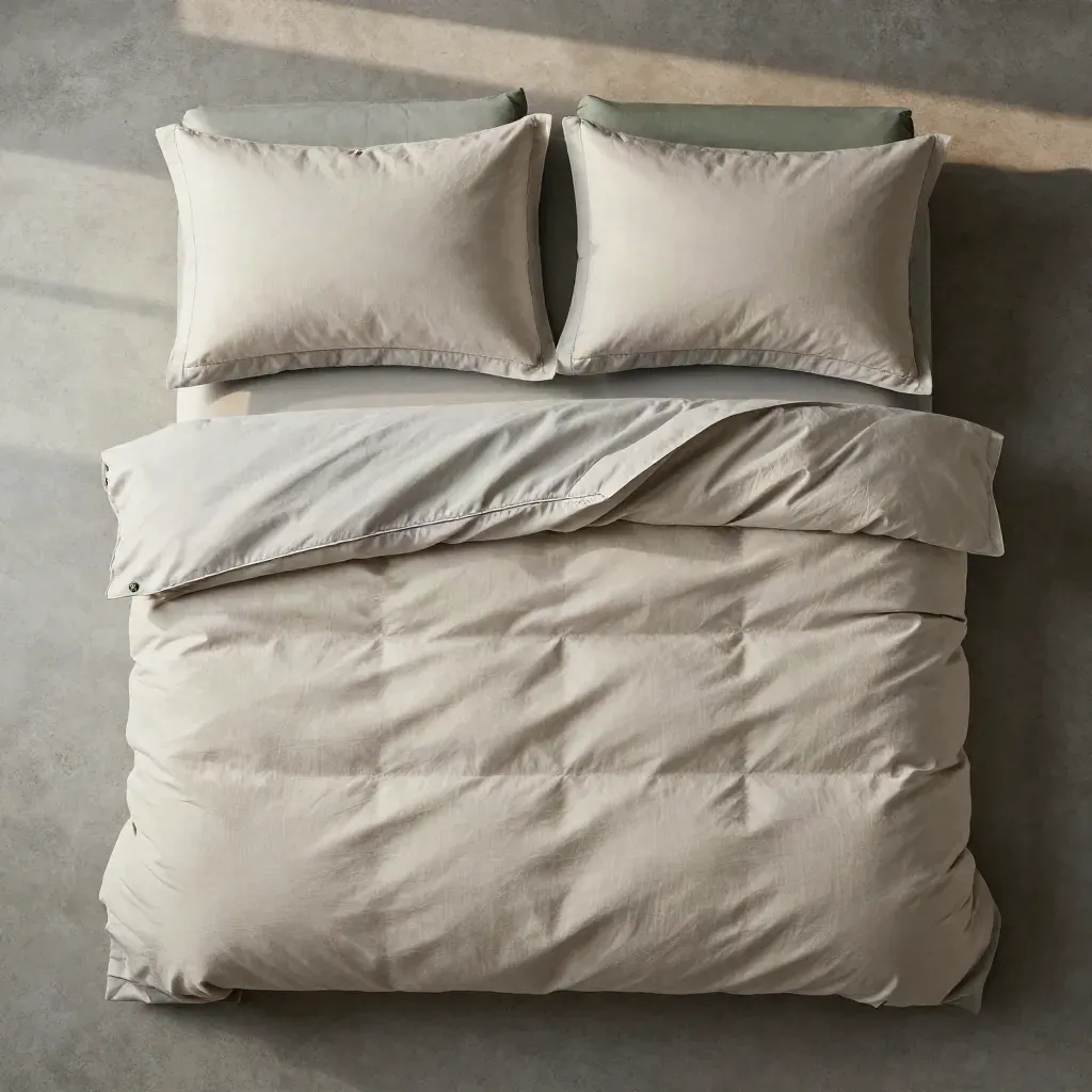 Overhead cotton duvet cover set with pillowcases and folded sheet on concrete slab