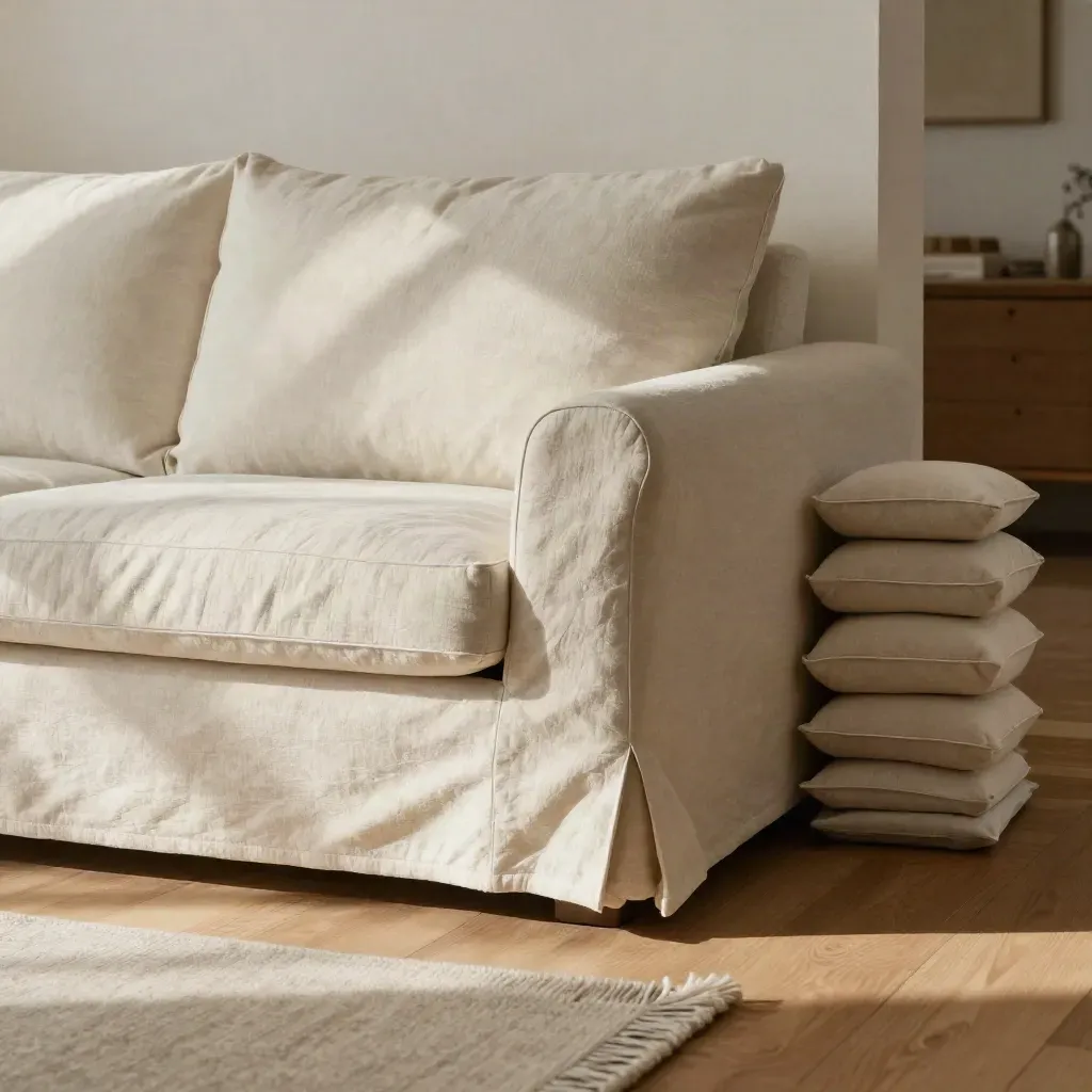 Sunlit cream living room corner with a linen sofa arm, folded cover, oak floor and woven rug edge.