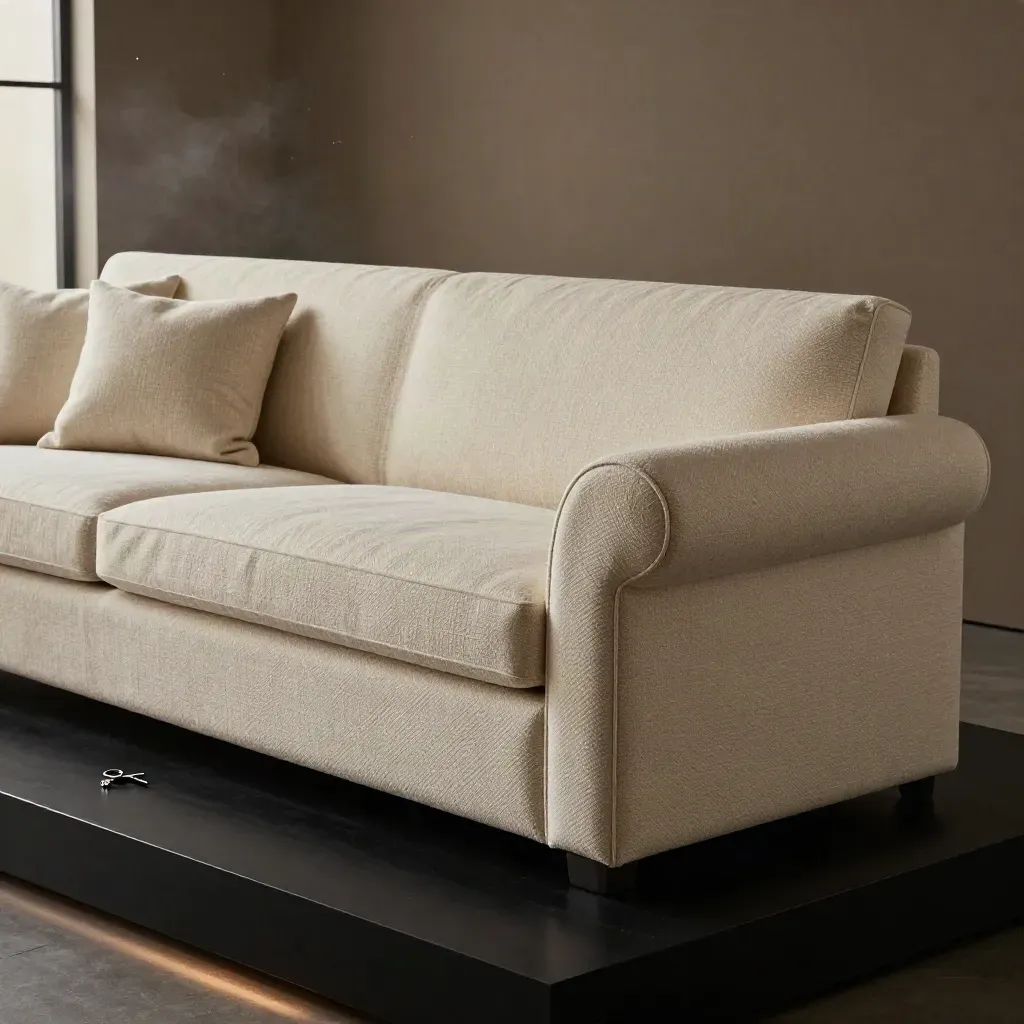 Sofa arm covers draped over armrests with a throw and cushion in a dark studio