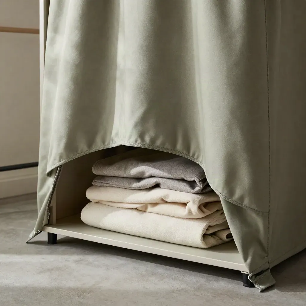 Sage wardrobe dust cover billowing around a coat and blanket in soft side light.