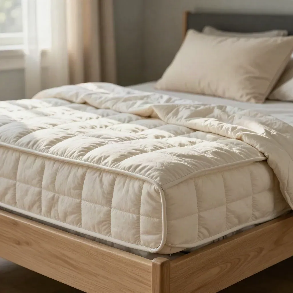 Kids bed protector bundle at a bed edge with pillow and quilt, softly lit in cream and charcoal.