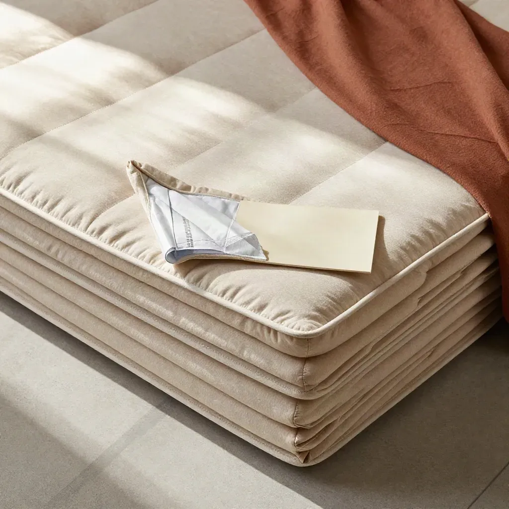 Overhead flatlay of a king-size mattress protector pad folded with quilted texture and waterproof backing.