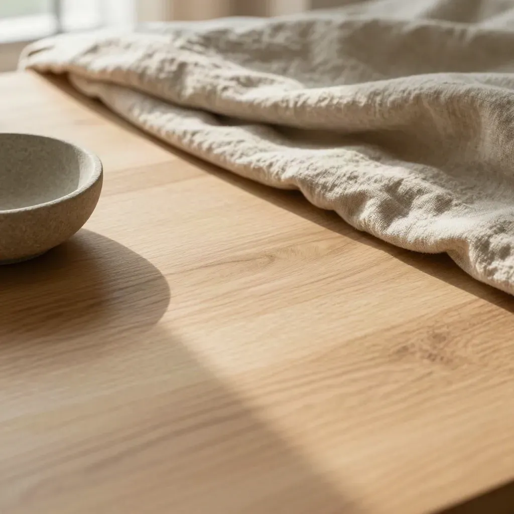 Warm wood tabletop with folded duvet edge, stone bowl and linen runner in soft sunlight.