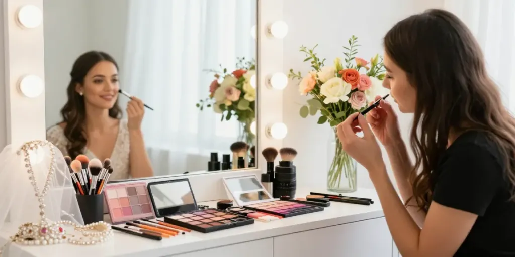 Makeup Artist Colchester applying soft glam bridal makeup in a charming studio.
